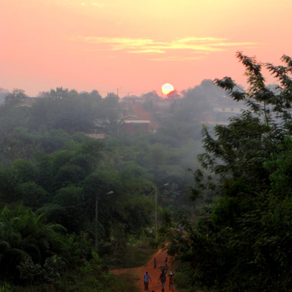 sunset over a cocoa-farming village in the Ivory Coast